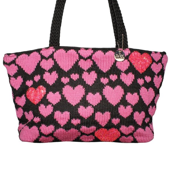 The Sak Knitted Multi Pink Blk Heart Sequined Embellished Double Strap Purse Bag - Picture 2 of 14
